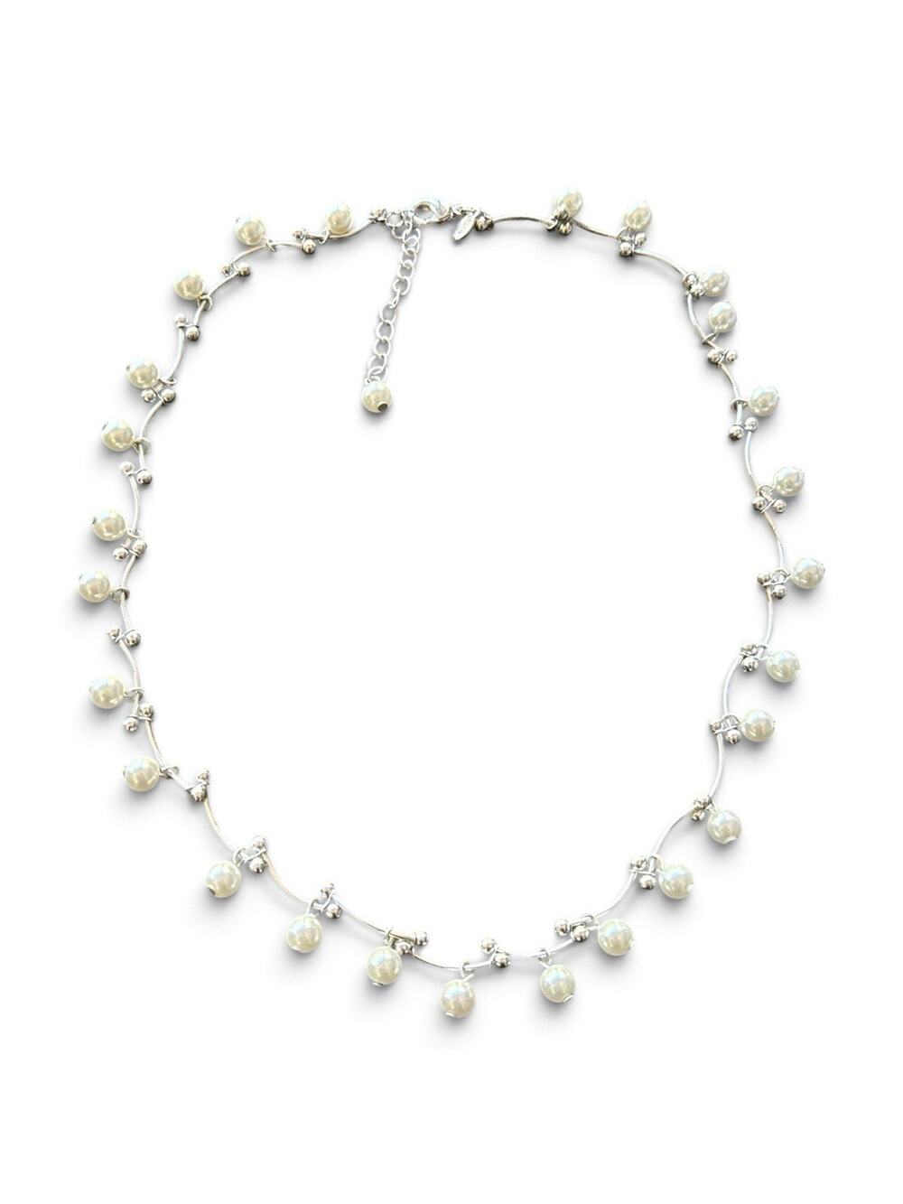 RMN Necklace Silver Dainty & Faux Pearl Station Necklace 16”-18” Bride Gift